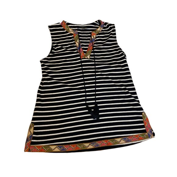 THML striped boho sleeveless top, Small, Embroidered Trim & Tassel Neckline - Picture 6 of 6